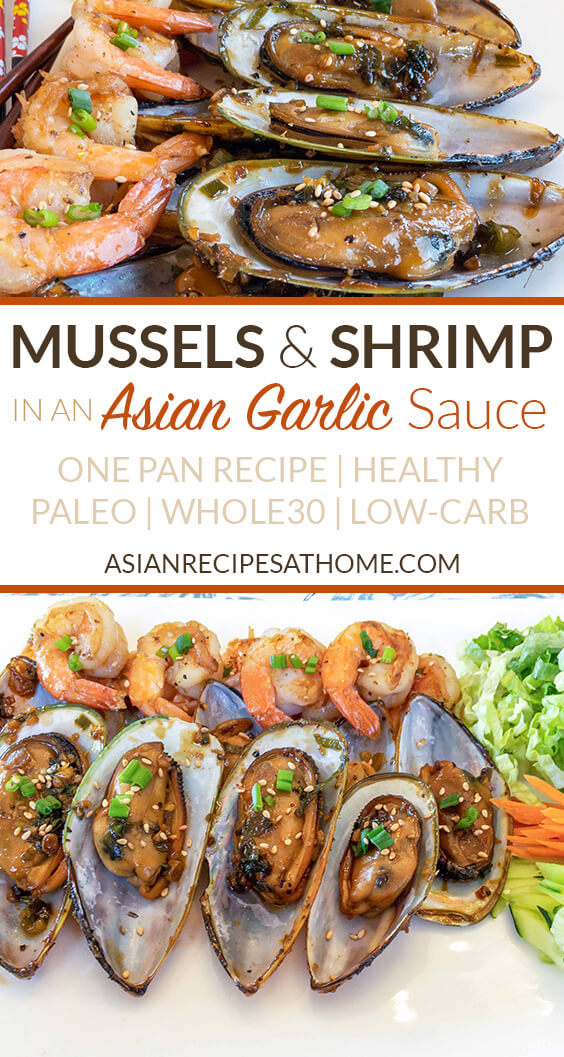 New Zealand Mussels on the half shell and shrimp are cooked in a garlic Asian sauce that is soy-free, gluten-free, Paleo and Whole30 compliant.