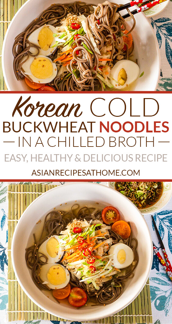 Korean-style cold buckwheat noodles served in a delicious chilled broth made from Kombu seaweed, dried anchovies, and juices from white kimchi.