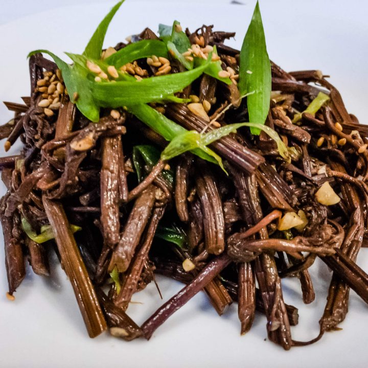 Dried fernbrake (gosari) is rehydrated and then stir-fried with soy sauce, minced garlic, and a few other select ingredients to create a delicious Korean side dish.