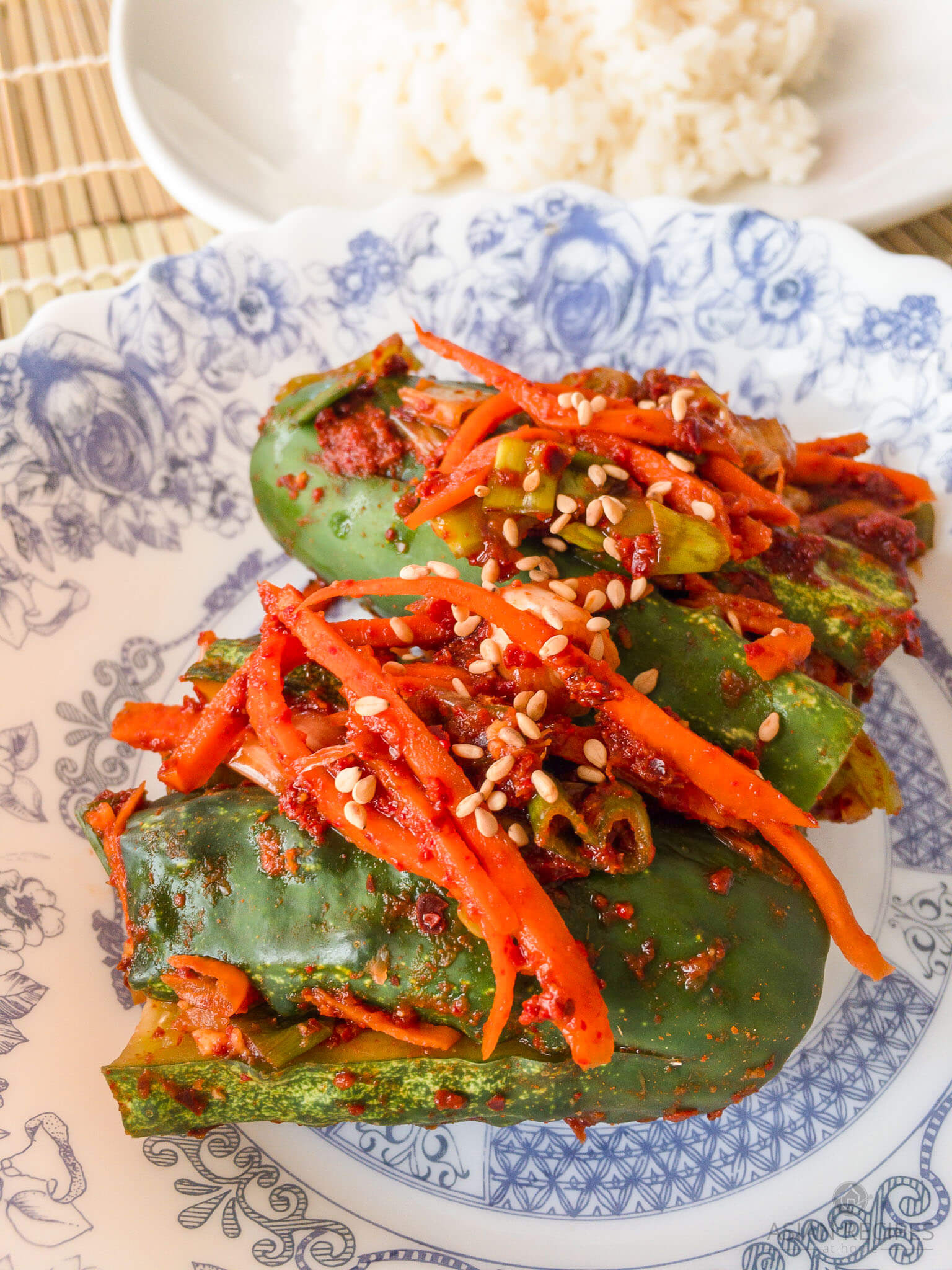 This stuffed Korean cucumber kimchi recipe is so delicious, crunchy, light, and spicy. Perfect for a hot summer day!