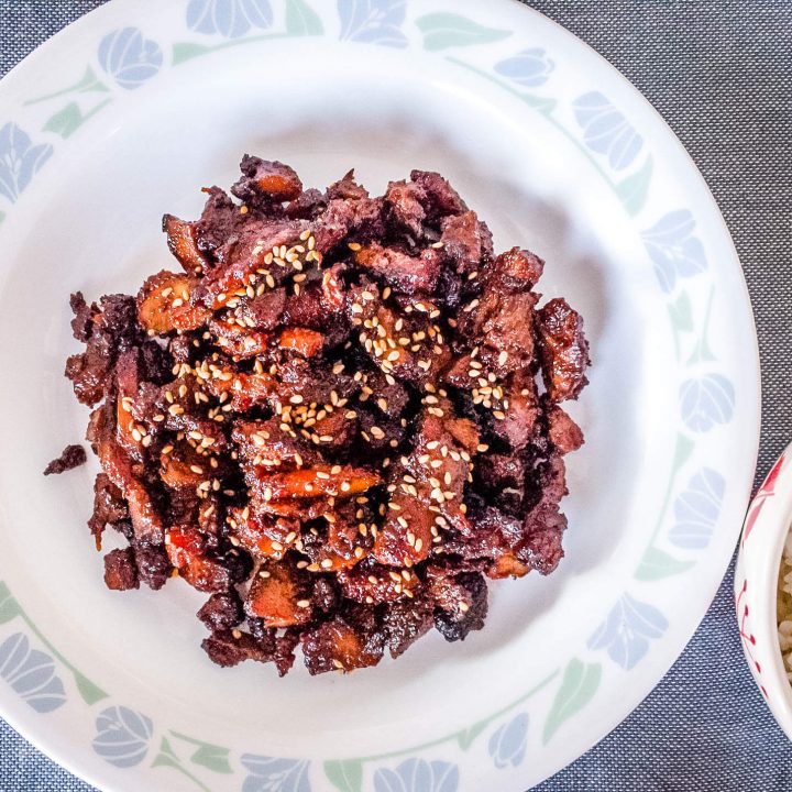 This stir-fried spicy chicken is marinated in a Korean red chili pepper paste (gochujang) based sauce.