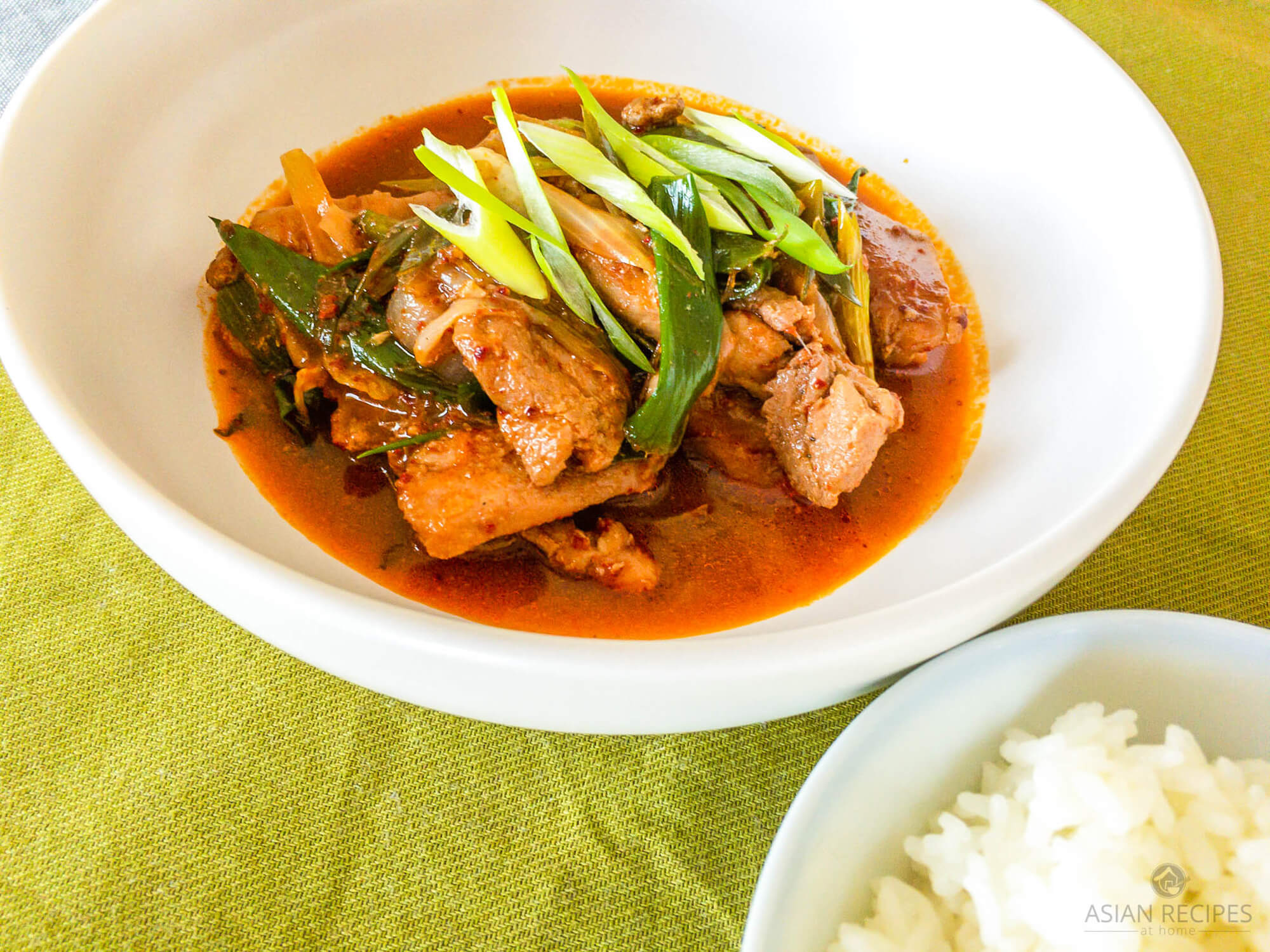 This flavorful stew recipe is made with boneless chicken thighs that are first marinated in a spicy Korean-style marinade.