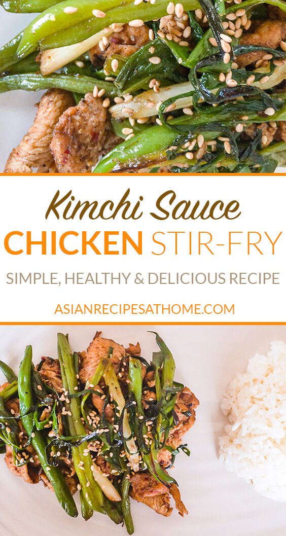 Juicy and thinly sliced chicken thighs are stir-fried in a homemade spicy kimchi sauce.