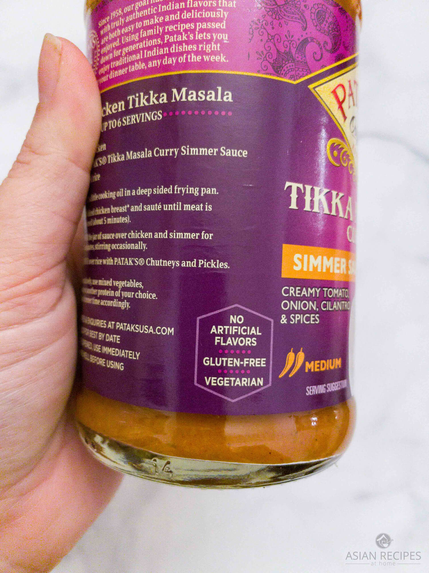 The gluten-free label in the store-bought jar of Patak's Tikka Masala Curry