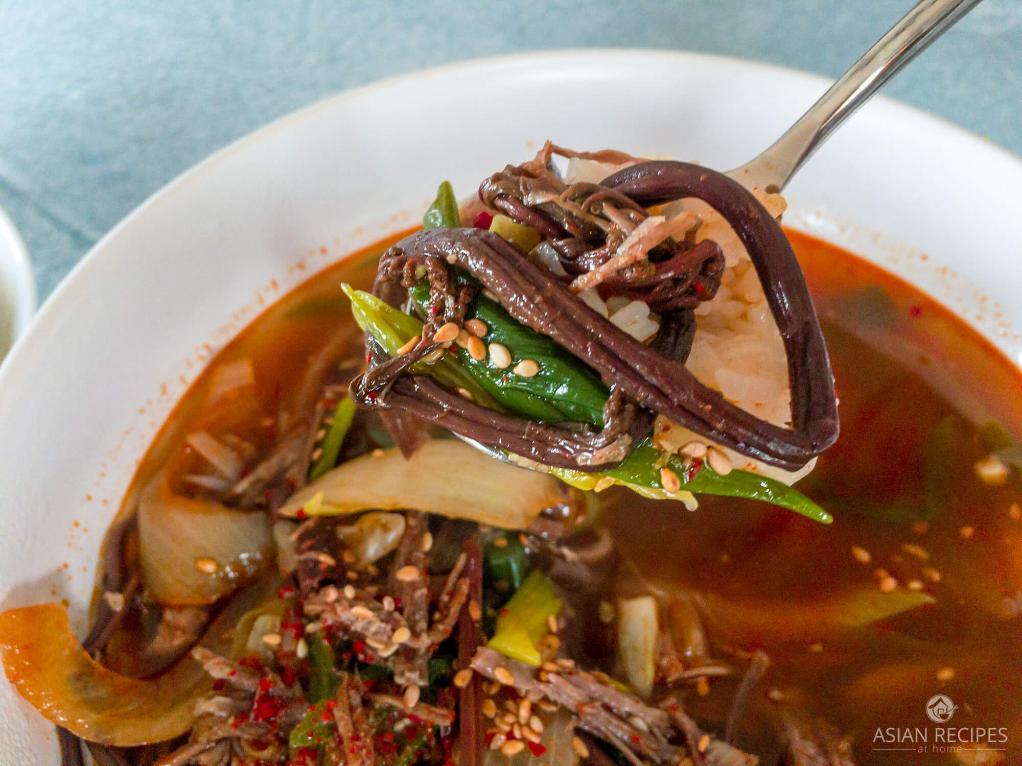 This Korean spicy stew recipe is filled with shredded beef, onions and fernbrake (gosari).