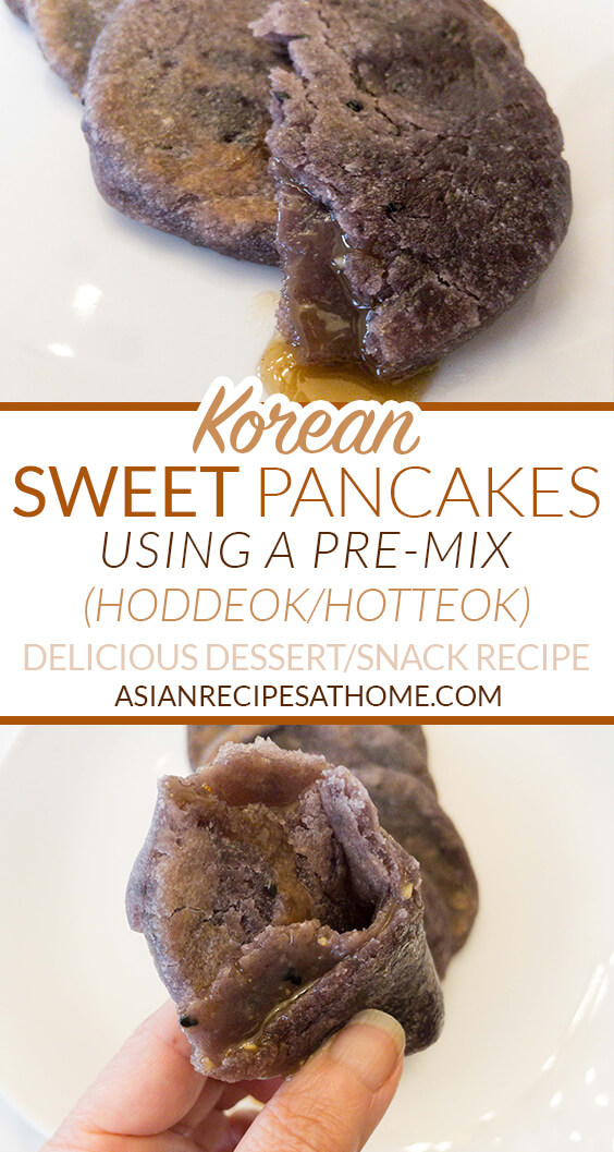 We make these Korean sweet black rice and honey pancakes (hoddeok/hotteok) using a pre-mix. This is so easy with the pre-mix that you’ll want to make them all the time!