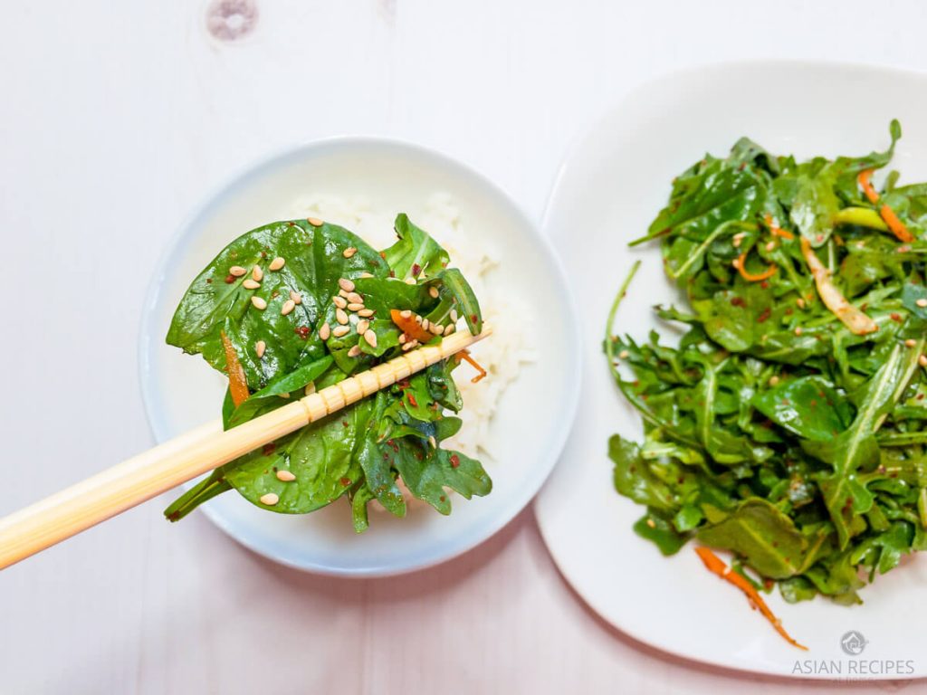Asian-style arugula and spinach salad that is a quick and healthy side dish recipe.