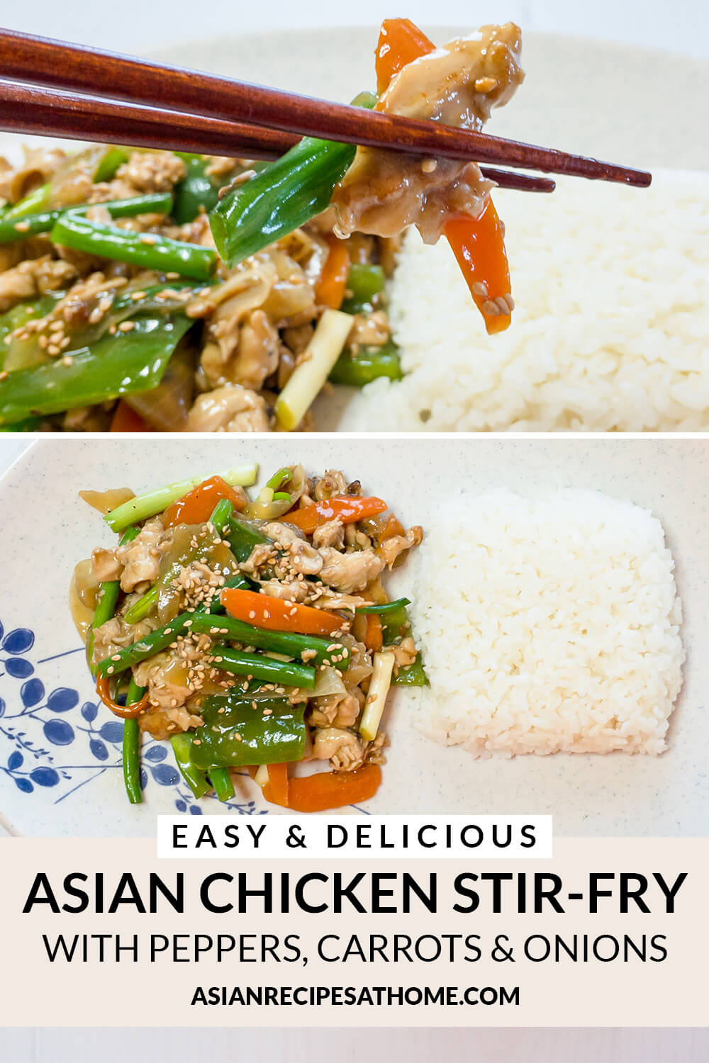 Easy Asian chicken and vegetable stir-fry plated with freshly steamed white rice.